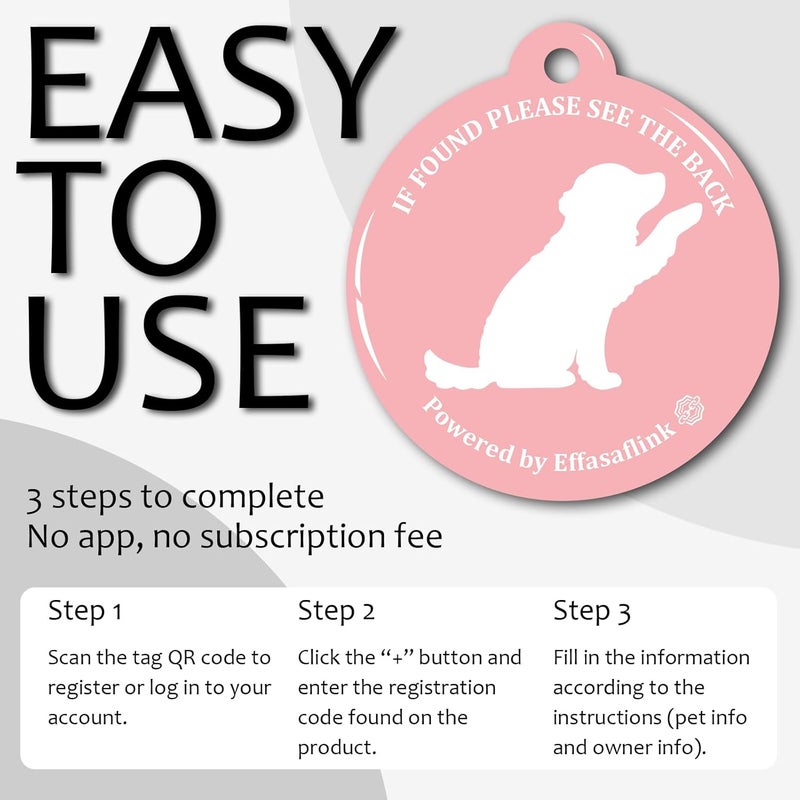 Effasaflink RFID 134.2Khz & QR Code Pet ID Tag, Collar Tag, Dual Function - Scan QR for Helping Lost Pets Go Home, Replace RFID Microchip for Smart Auto Pet Door and Feeder (Pink-Dog) - Image 5